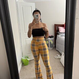Yellow Black Plaid High Rise Pull On Flare Comfy Pants